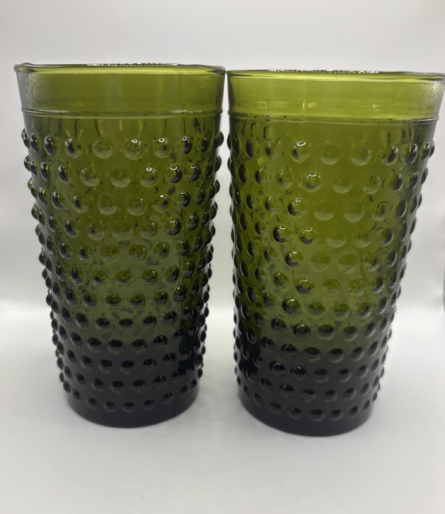 Pier 1 Emerald Green Hobnail Mouth Blown Drinking Glasses Set Of 2