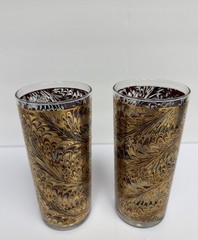 Culver Peacock Marble Glasses Burgundy & Black Highball 12 0z. 22k Gold Set Of 2