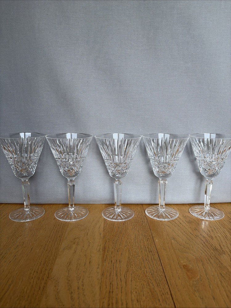WATERFORD MAEVE Set of 5 WATER / WINE GLASSES 6 7/8″ Tall Crystal Stems – NICE!