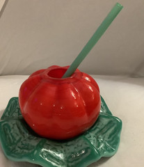 Molded Blown Art Glass Tomato Juice Cocktail Saucer Tumbler / Cup & Straw