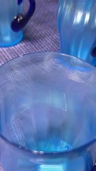 Fenton Celeste Blue Stretch Glass Pitcher and six glasses Cobalt Handles HTF