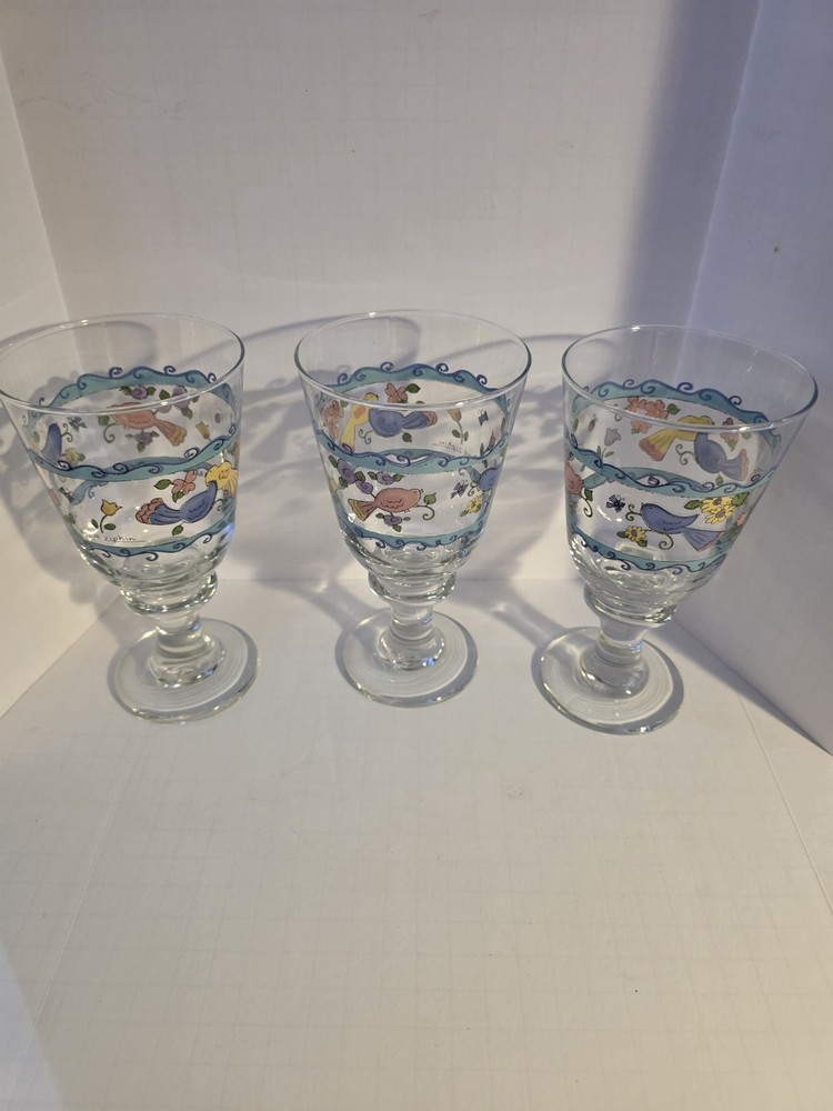 SANGO SWEET SHOPPE Libby Glassware Goblet Sue Zipkin Birds Flowers Set of 3
