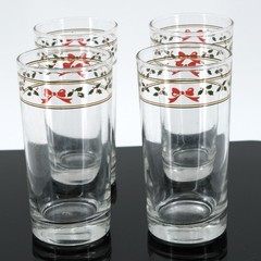 Vintage Anchor Hocking AHC83 Bow and Holly Gold and Green Bands Tumbler Set of 4