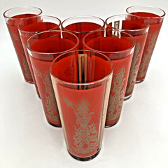 Red & Gold Culver Siam Thai Goddess 16 oz Drinking Glasses Lot of 8 MCM