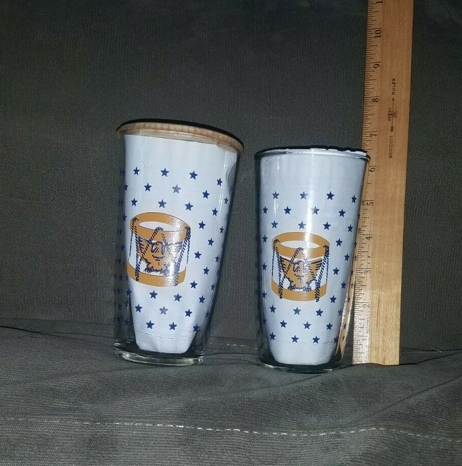 Hazel Atlas Pint Sour Cream Drinking Glass Bicentennial Set Of 2 One Lid, Vtg