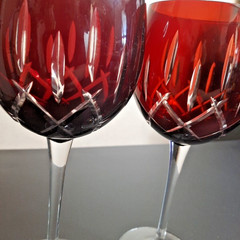 Vintage Bohemian Ruby Red Cut to Clear Globe Crystal Wine Glasses Goblets 2 pc