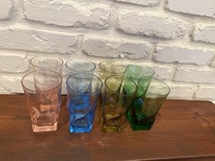 Set Of 8 Square Bottom Multicolored Glasses Mid Century 5.5” H