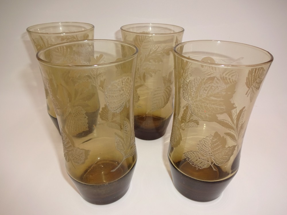 Set 4 Vintage Libbey ? Drinking Glasses Brown Clear Raised Leaves Clovers 15 oz.