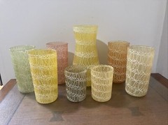 MCM Vintage Color Craft Spaghetti String 8 Piece Carafe Juice Glasses Tumblers