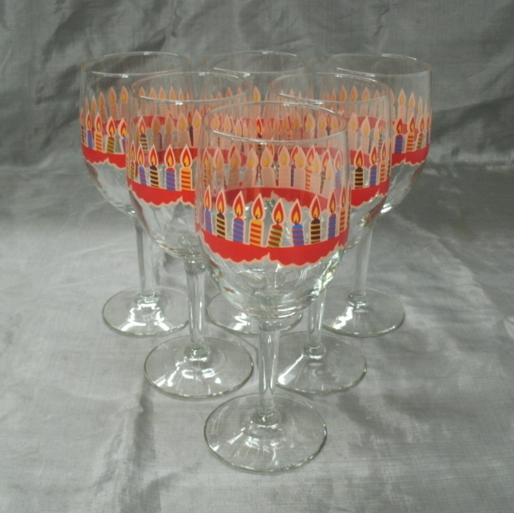 Vtg Unbranded Birthday Candles Set of 6~7-1/8″ Wine Water Goblets Glasses EC 2