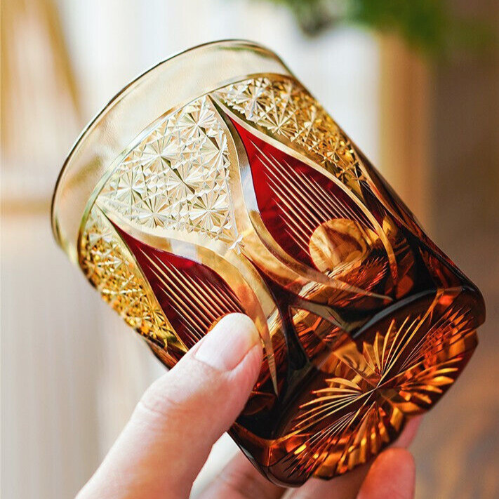 Crystal Whiskey Glass Tumbler Japanese Style Edo Kiriko Glass 9oz/250ml Red