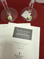 Waterford Millennium HAPPINESS Champagne Flutes Glasses Toast Set Of 2 Preowned