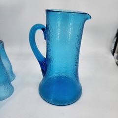 Vintage MCM Blue Crackle Glass Pitcher w Lid and (5) Glasses ICED TEA BARWARE