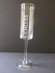 Set of 5 Unique Long Stem Square Champagne Flutes w/Etched CHEERS in 5 Languages