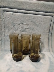 Set Of 5 Libbey Drinking Glasses Smoky Brown Clear Hexagon 6.5″ Tall Vintage