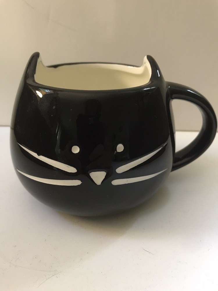 Black Cat Cup Ceramic Mug Feline Cute White Whisker Cat Shaped Coffee Decor VGPC