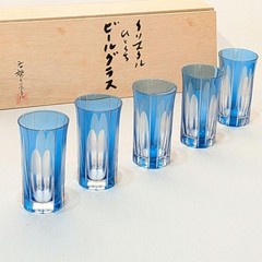 Kagami Crystal Edo Kiriko 5-Piece Blue Glass Set with Wooden Box Used