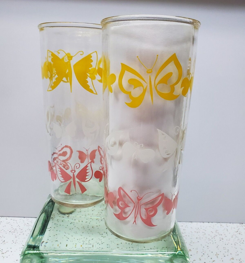 Two Vintage Glass Tumblers Pink White Yellow Butterflies Cottage Cheese