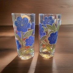Vintage Culver Blue Daisy Flower Cocktail Highball Glasses Set of 2 Signed