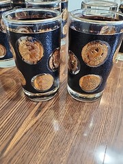 Cera Glass Co. 8 Barware Hi-ball glasses black Textured w/gold seal coins