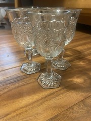 Antique EAPG Indiana Glass Daisy & Button Narcissus Goblets Hex Foot Set 5 c1910