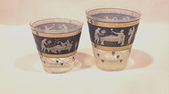 Vintage Cera Set of 2 Glass Etruscan Frieze Tumblers Blue White Gold