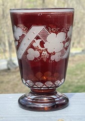 Antique Ruby Red Flashed Cut Frosted Glass Bohemian Goblet Wine Tumbler
