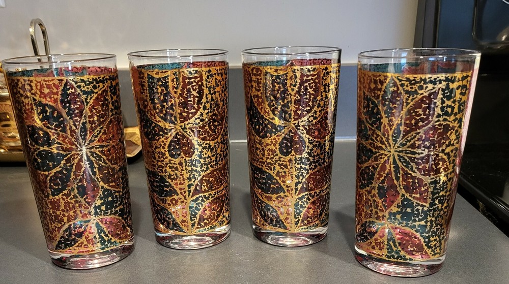 4 GEORGES BRIARD hiball glasses Floral flower tulip Green Gold Red SIGNED