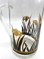 Culver Glass 24k Gold Vintage Iced Tea Water Pitcher Black & Gold Irises, 9″