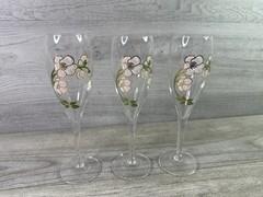 Elegant Floral Champagne Flutes Set of 3 Clear Glass Pink Gold Green Flowers