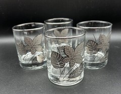 Libby “Rocks” Silver/Platinum Embossed Leaves MCM Bar Glasses Fall Leaf Set of 4