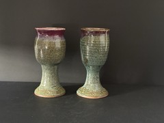 Vintage Handmade Studio Art Unique Wine Goblet Set Of 2 Signed EUC Green Purple