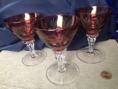 Cranberry Glass Ruby Etched Sherry Wine Glasses Goblets 1930s-1940s Set of 3