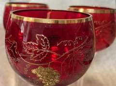 6 Vintage Bohemian Ruby Red Crystal Wine Glasses, Gilded Grapes & Rim, VGC, 7”H