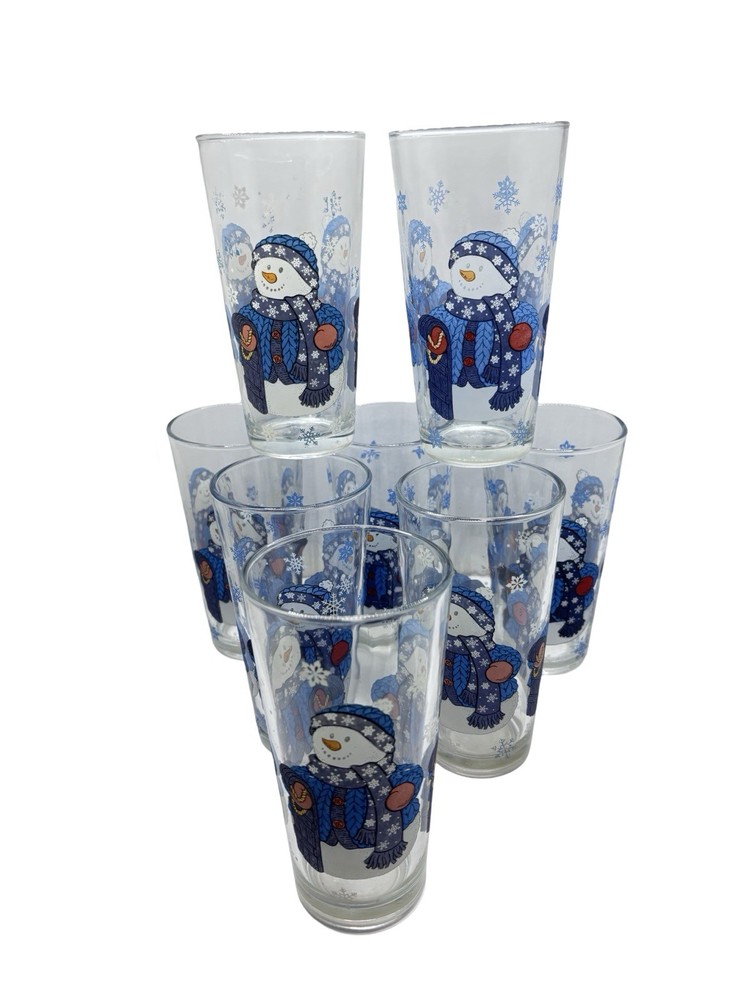 Blue Snowmen in Scarves Water Tea Glasses Tumbler KIG Indonesia Set Of 8 Durable