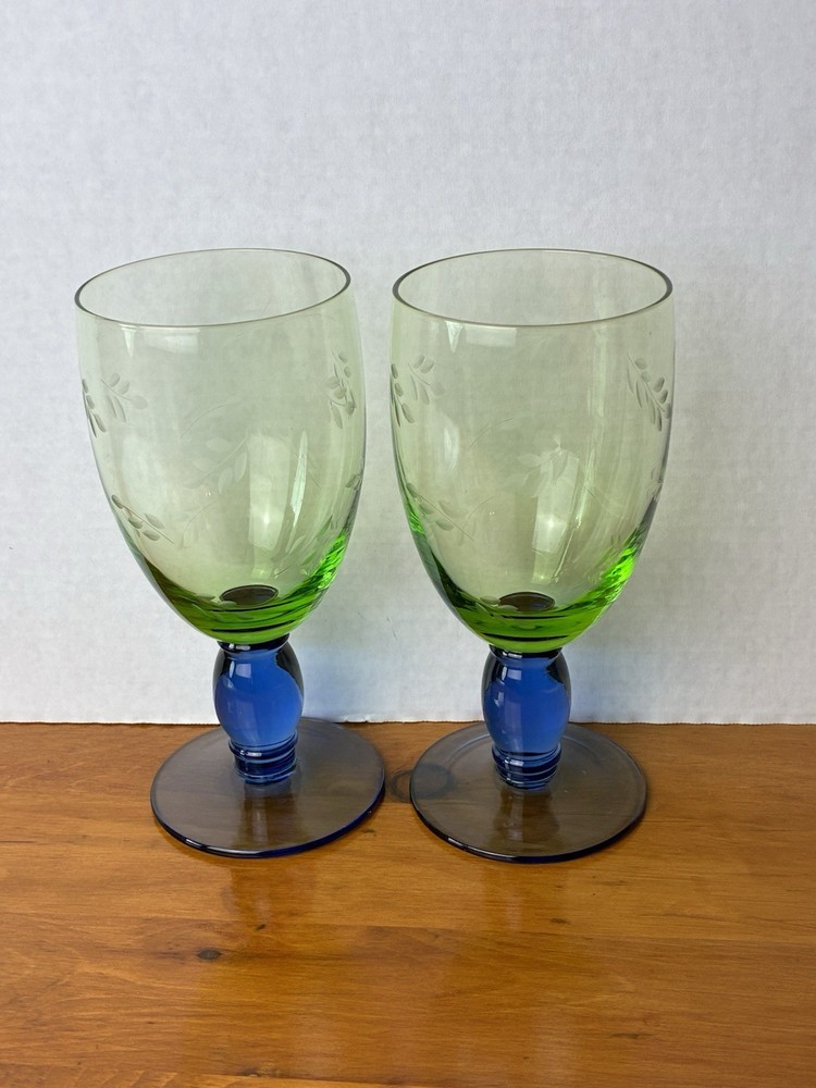 2 Pfaltzgraff Goblets Summer Breeze 17 Oz Large Iced Tea Green Blue Etched