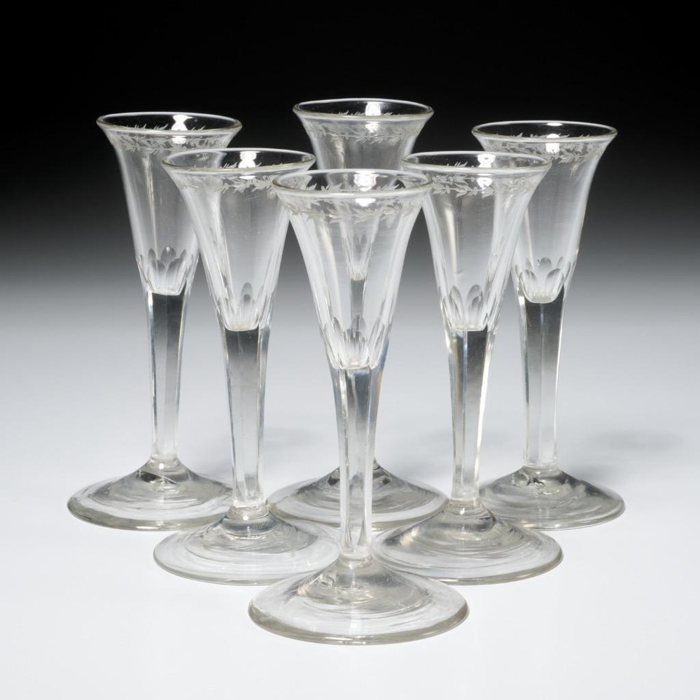Empire Etched Flower Hand Blown Cut Trumpet Cordial Flute Glasses 6pc Lot B