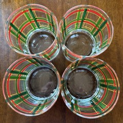 (4) Georges Briard Rocks Glasses Double Old Fashioned Red Green Gold Plaid 12oz