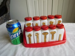10 Griffith Milk Glass SPICE JARS RED Plastic Art Deco Rack labels 9 insert Vtg