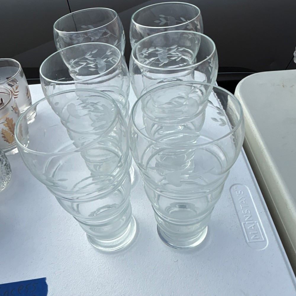 Set of 6 Clear Glass Tumbler Glasses Etched Pattern Round Glossy Finish