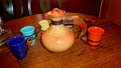 Vintage El Patio Gladding McBean Orange Carafe & 6 Cups Set