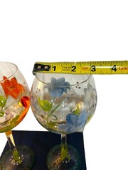 Vtg Hand Painted Coordinating Floral Wine Glasses Goblets Set Of 2