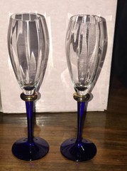 Set Of 2 Cobalt Blue Champagne/Wine glasses W/Gold Accent ~ 9” Panel Design
