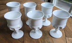 White Milk Indiana Glass King’s Crown Thumbprint Pattern Stem Goblets Set 6