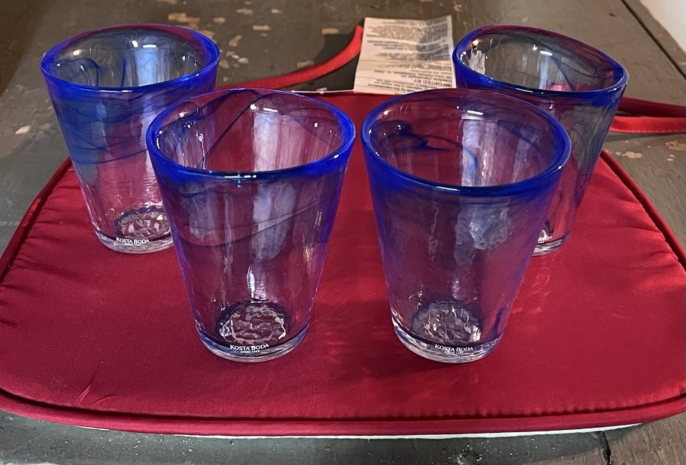 6 New KOSTA BODA MINE BLUE TUMBLERS Ulrica Hydman Vallien, 4 1/4″, 10oz, SWEDEN