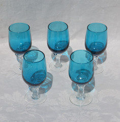 5 Peacock Blue Glass Cordials with Clear Twist Stem Turquoise