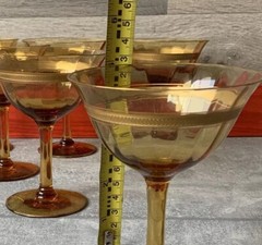 6 Champagne Coupe Cocktail Glasses Amber Optic Encrusted Gold Ornate Trim VTG