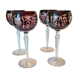 Vintage Godinger Ruby Cut-To-Clear Hock Wine Glasses Set Of 4