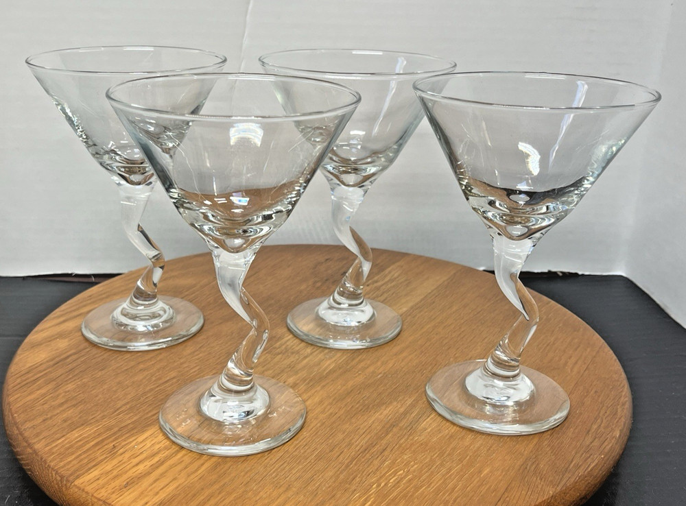 Set of 4 Z Stem 6.5″ Libbey Martini Glasses Crooked Zig Zag Clear Glass Barware