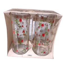 Vintage Libby Drinking Glasses Floral Red Rose Pattern – 16 Ounce Set of 4 USA